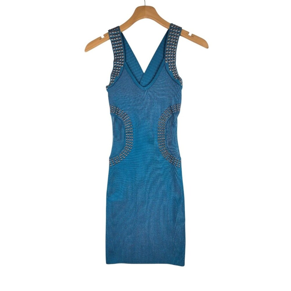 Bebe Teal Blue Studded V-Neck Midi Bodycon Dress